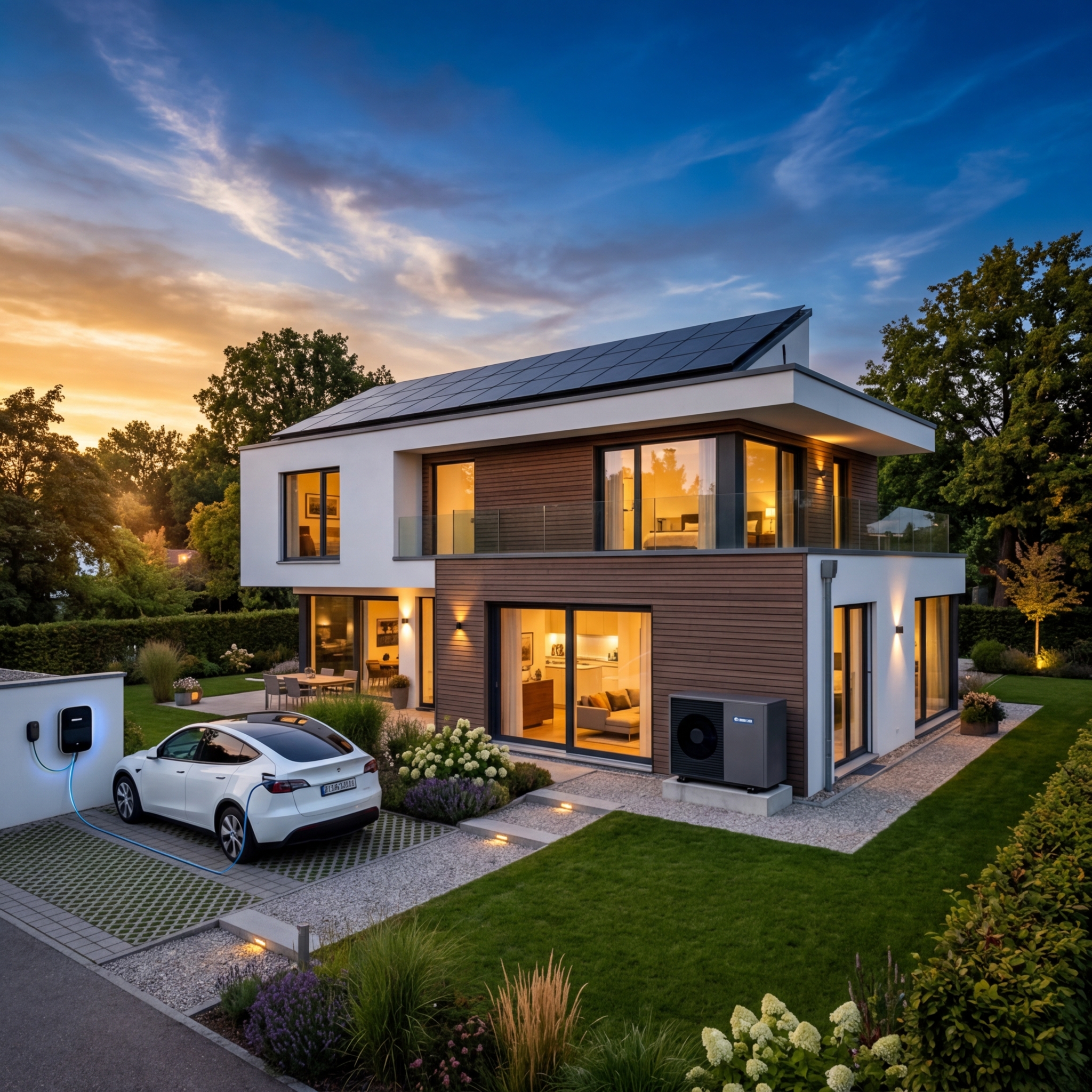 Modernes Haus mit Solaranlage und Wärmepumpe