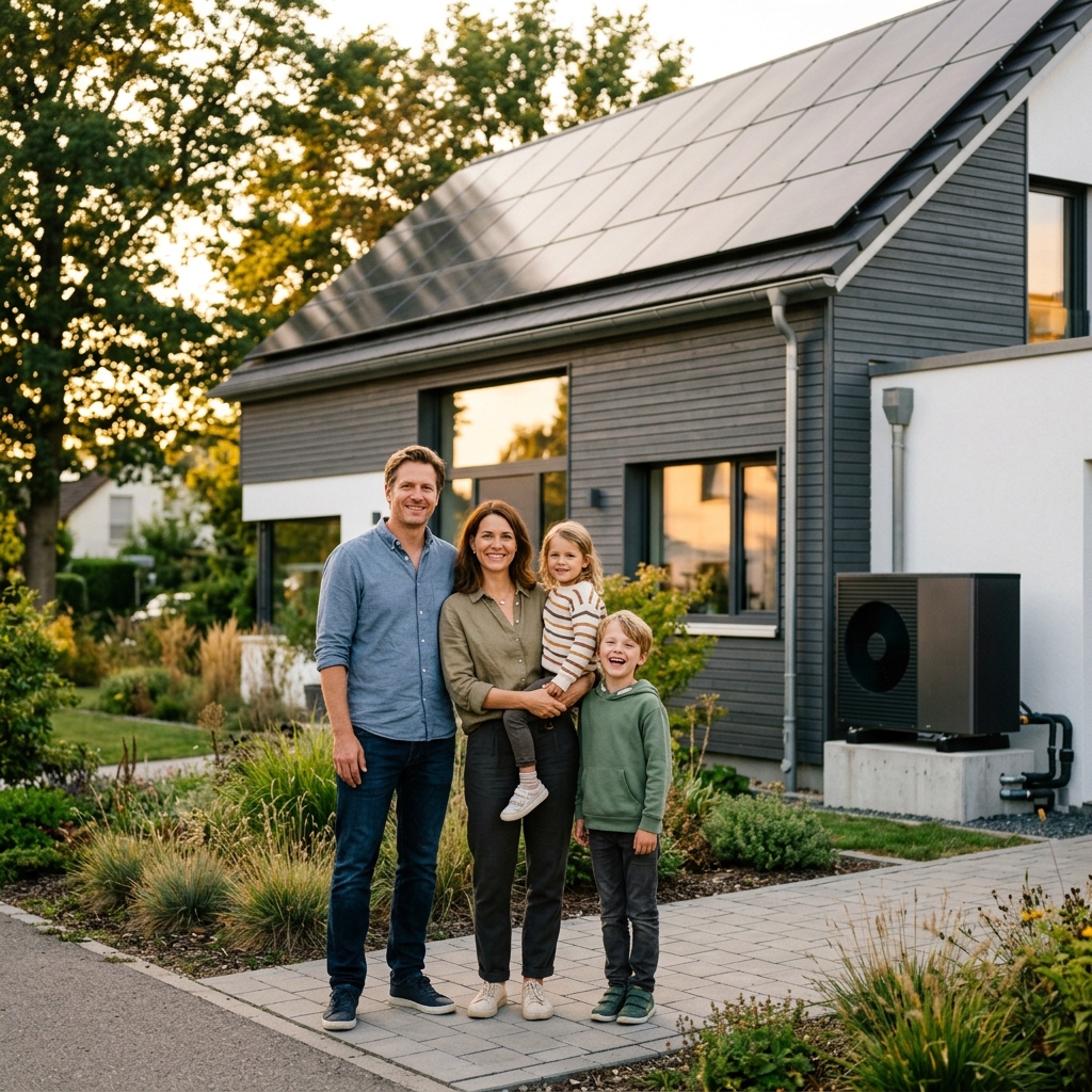 Glückliche Familie vor eigenem Energiehaus mit Solaranlage und Wärmepumpe